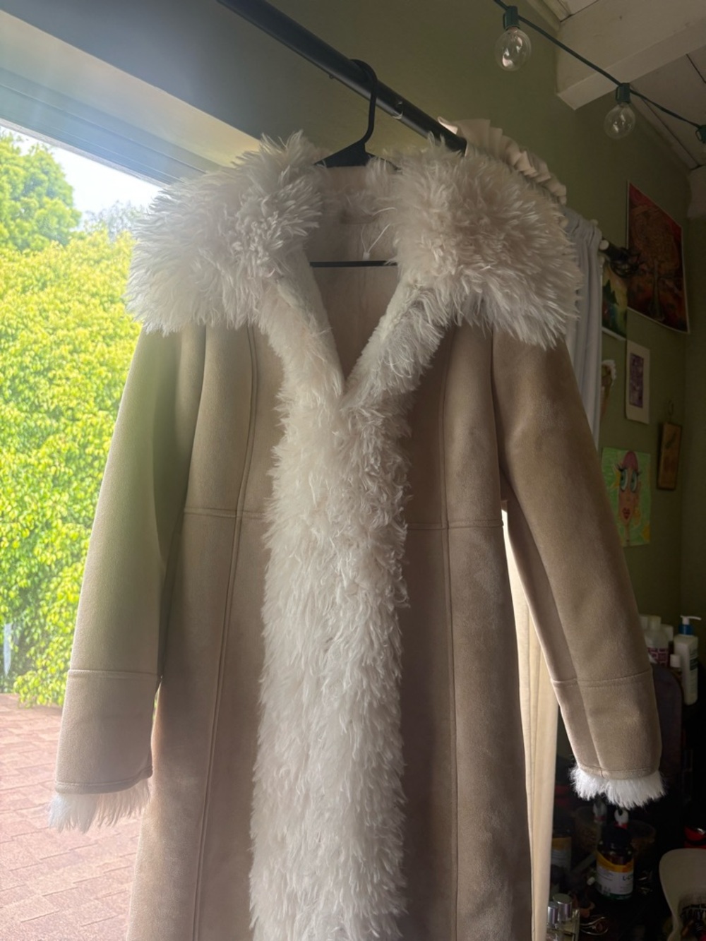 Womens Cream Faux Shearling Long Coat